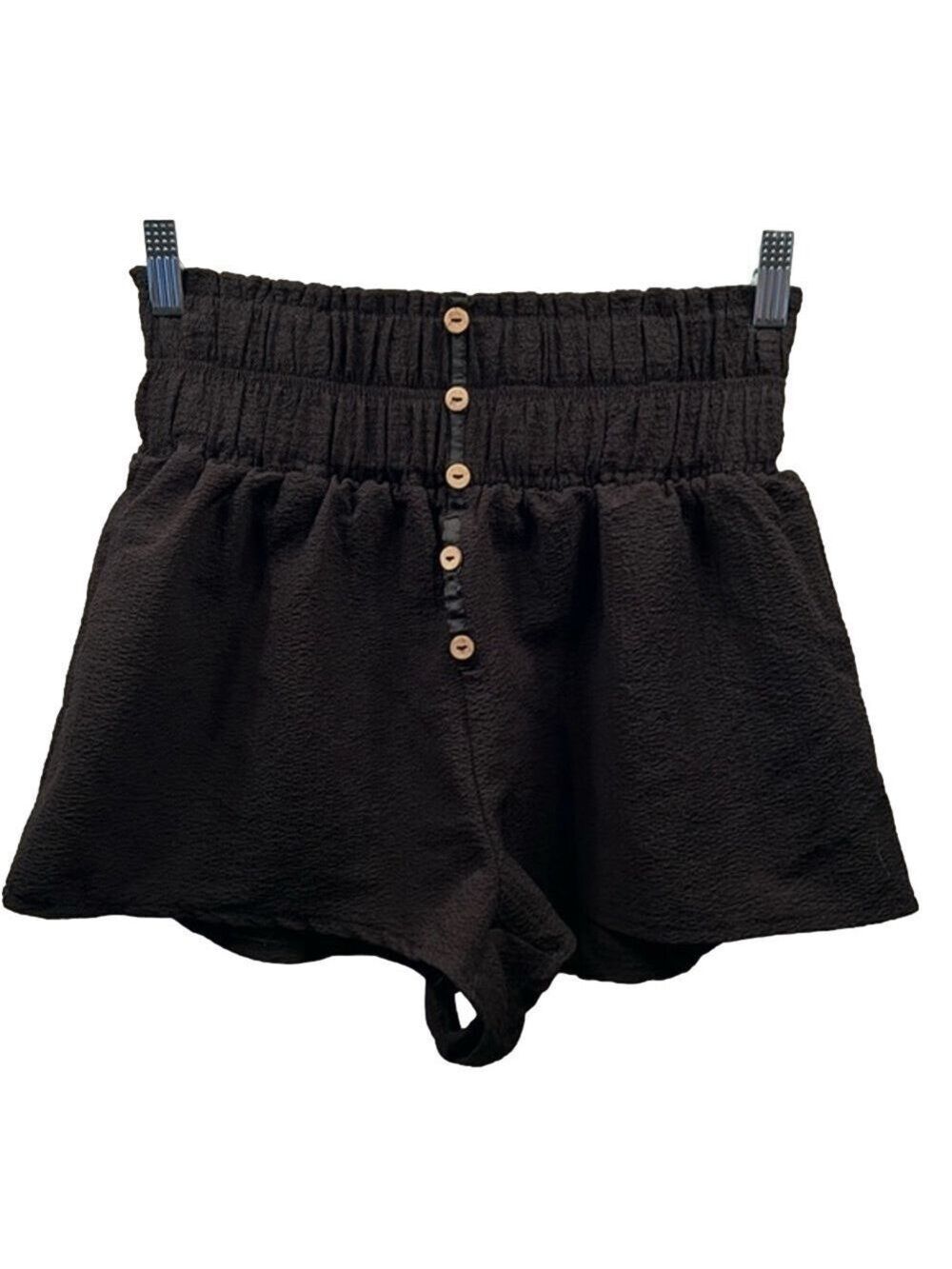 Short Shorts, Size 0X, Elastic Waistband 13”, Black with wood color button